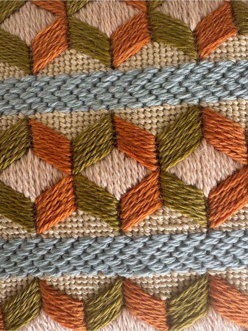 Vintage 1960s Handmade Needlepoint Pillow Geometric Wool Orange Velvet 16x13 MCM - Picture 3 of 8